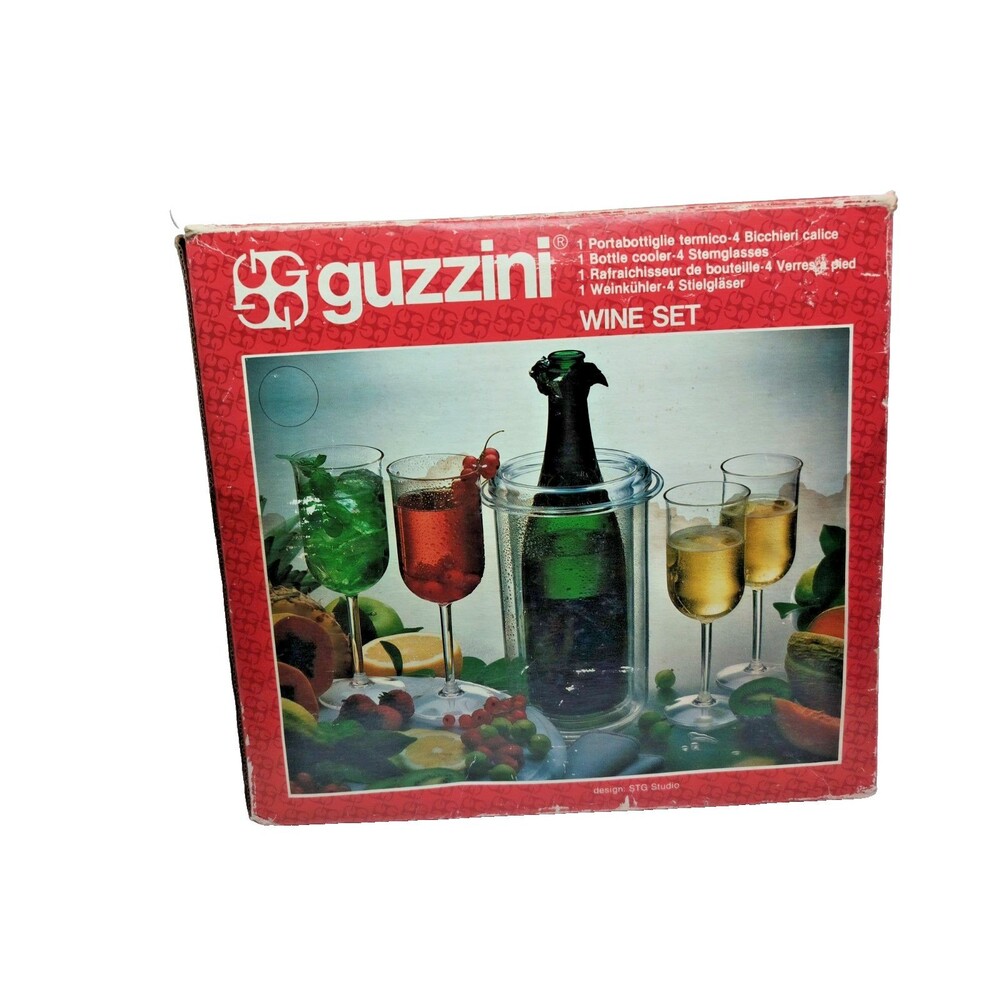 NEW Guzzini Wine Set – Bottle Cooler + 4 Stem Glasses – In Box (Vintage / Unused